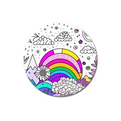 Rainbow Fun Cute Minimal Doodle Drawing Art Magnet 3  (round) by Ravend