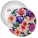 Country-chic Watercolor Flowers 3  Buttons Front