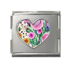 Cheerful And Captivating Watercolor Flowers Mega Link Heart Italian Charm (18mm)