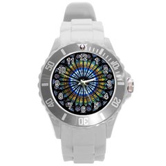 Mandala Floral Wallpaper Rose Window Strasbourg Cathedral France Round Plastic Sport Watch (l)