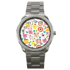 Cute Animals Cartoon Seamless Background Sport Metal Watch