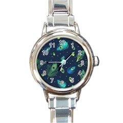 Blue Background Pattern Feather Peacock Round Italian Charm Watch by Semog4