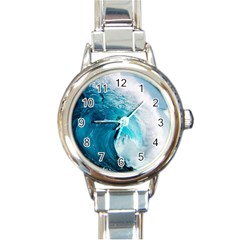 Tsunami Big Blue Wave Ocean Waves Water Round Italian Charm Watch by Semog4