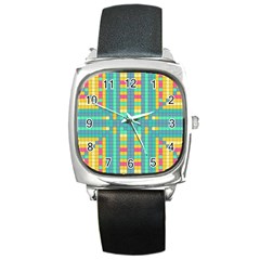 Checkerboard-squares-abstract- Square Metal Watch by Semog4