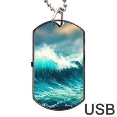 Waves Ocean Sea Tsunami Nautical Blue Dog Tag Usb Flash (one Side)