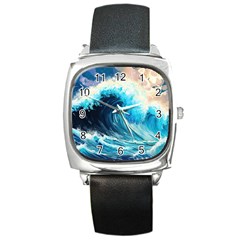 Tsunami Waves Ocean Sea Nautical Nature Water Arts Square Metal Watch