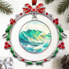 Waves Ocean Sea Tsunami Nautical Painting Metal X mas Wreath Ribbon Ornament by Ravend