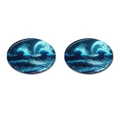 Moonlight High Tide Storm Tsunami Waves Ocean Sea Cufflinks (oval) by Ravend