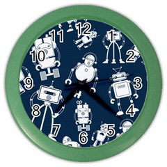 White-robot-blue-seamless-pattern Color Wall Clock by Salman4z