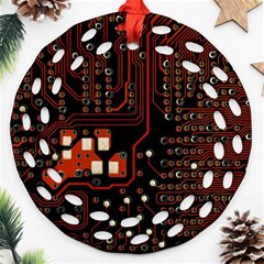 Red Computer Circuit Board Round Filigree Ornament (two Sides) by Bakwanart