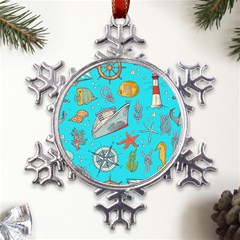 Colored-sketched-sea-elements-pattern-background-sea-life-animals-illustration Metal Large Snowflake Ornament by uniart180623