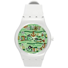 Seamless Pattern Fishes Pirates Cartoon Round Plastic Sport Watch (m) by uniart180623