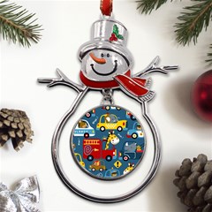 Seamless-pattern-vehicles-cartoon-with-funny-drivers Metal Snowman Ornament by uniart180623