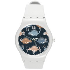 Dino Art Pattern Design Wallpaper Background Round Plastic Sport Watch (m) by uniart180623