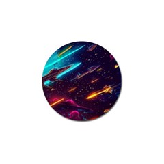 Night Sky Neon Spaceship Drawing Golf Ball Marker by Ravend