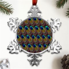 Peacock-feathers-bird-plumage Metal Small Snowflake Ornament by Ravend