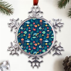 Variety Of Fish Illustration Turtle Jellyfish Art Texture Metal Large Snowflake Ornament by Bangk1t