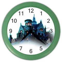 Blue Castle Halloween Horror Haunted House Color Wall Clock by Sarkoni