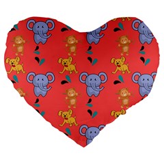 Elephant Monkey Dog Cartoon Large 19  Premium Flano Heart Shape Cushions by Pakjumat