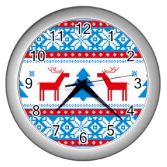 Red And Green Christmas Tree Winter Pattern Pixel Elk Buckle Holidays Wall Clock (silver) by Sarkoni