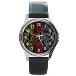 Circuit Board Seamless Patterns Set Round Metal Watch Front