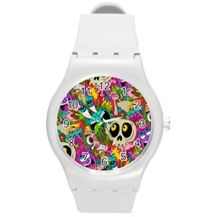 Crazy Illustrations & Funky Monster Pattern Round Plastic Sport Watch (m) by Ket1n9