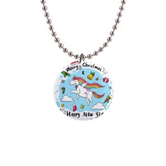 Merry Christmas Xmas Doodle Sketch Cartoon Unicorn 1  Button Necklace by Pakjumat