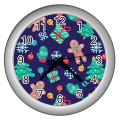 Christmas Texture New Year Background Trees Retro Pattern Wall Clock (silver) by Sarkoni