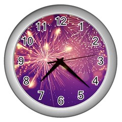 Fireworks On A Purple With Fireworks New Year Christmas Pattern Wall Clock (silver) by Sarkoni