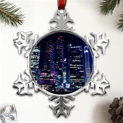 Black Building Lighted Under Clear Sky Metal Small Snowflake Ornament by Modalart