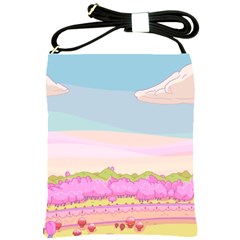 Pink And White Forest Illustration Adventure Time Cartoon Shoulder Sling Bag by Sarkoni