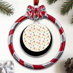 Floral Pattern Wallpaper Retro Metal Red Ribbon Round Ornament by Apen