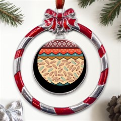 Ethnic-tribal-pattern-background Metal Red Ribbon Round Ornament by Apen