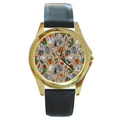 Tattoo Pattern Round Gold Metal Watch by Bedest