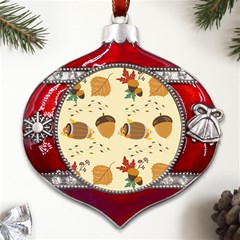 Leaves Foliage Acorns Barrel Metal Snowflake And Bell Red Ornament by Apen