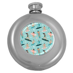 Beach Surfing Surfers With Surfboards Surfer Rides Wave Summer Outdoors Surfboards Seamless Pattern Round Hip Flask (5 Oz) by Bedest