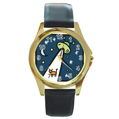 Ufo Alien Unidentified Flying Object Round Gold Metal Watch by Sarkoni