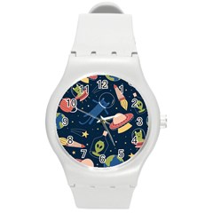 Seamless Pattern With Funny Aliens Cat Galaxy Round Plastic Sport Watch (m) by Hannah976