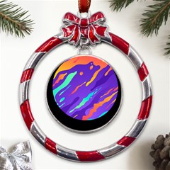 Multicolored Abstract Background Metal Red Ribbon Round Ornament by Apen