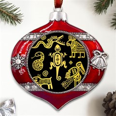 Mexican Culture Golden Tribal Icons Metal Snowflake And Bell Red Ornament by Apen