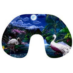 Flamingo Paradise Scenic Bird Fantasy Moon Paradise Waterfall Magical Nature Travel Neck Pillow by Ndabl3x