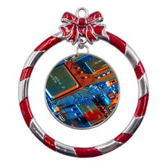 Gray Circuit Board Electronics Electronic Components Microprocessor Metal Red Ribbon Round Ornament by Cemarart