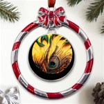 Forest Trees Snow Landscape Art Metal Red Ribbon Round Ornament Front