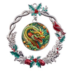 Chinese New Year – Year Of The Dragon Metal X mas Wreath Holly Leaf Ornament by Valentinaart