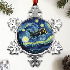 Spaceship Starry Night Van Gogh Painting Metal Small Snowflake Ornament by Maspions