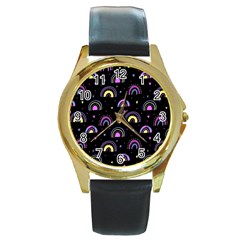 Wallpaper Pattern Rainbow Round Gold Metal Watch by Maspions