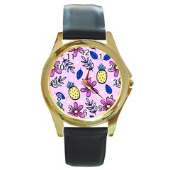 Flowers Petals Pineapples Fruit Round Gold Metal Watch by Maspions