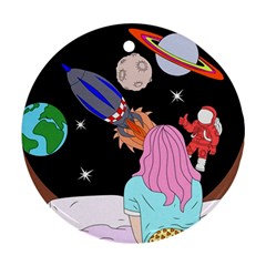 Girl Bed Space Planets Spaceship Rocket Astronaut Galaxy Universe Cosmos Woman Dream Imagination Bed Ornament (round) by Maspions