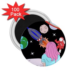 Girl Bed Space Planets Spaceship Rocket Astronaut Galaxy Universe Cosmos Woman Dream Imagination Bed 2 25  Magnets (100 Pack) 