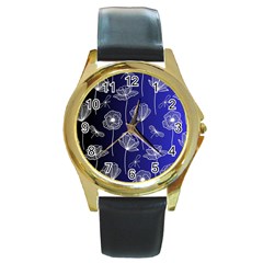 Pattern Floral Leaves Botanical White Flowers Round Gold Metal Watch by Maspions